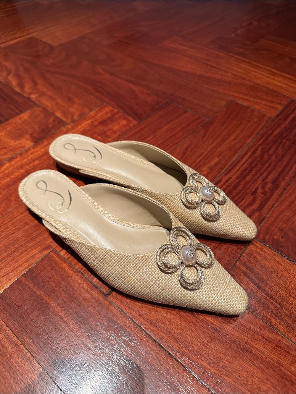 Sam Edelman Beige Pointed Slip-On Mules with Floral Rope Accent